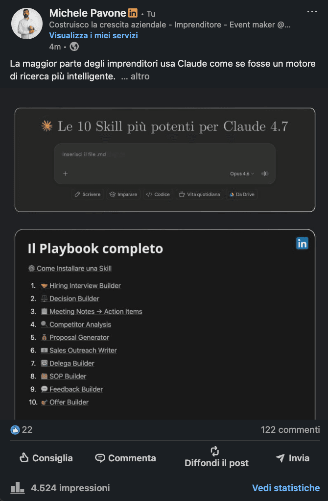 Post LinkedIn di Michele Pavone