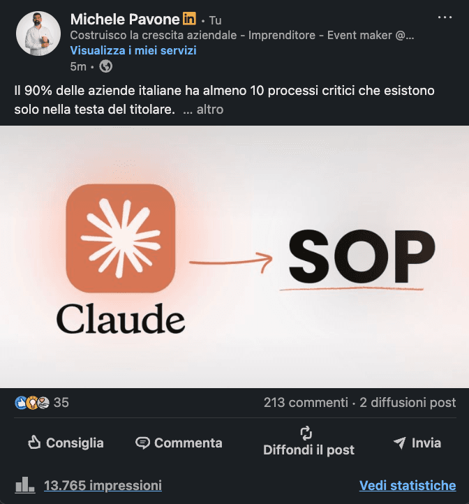 Post LinkedIn di Michele Pavone