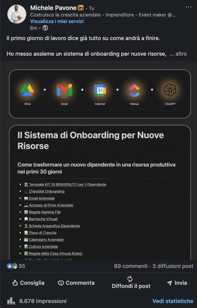 Post LinkedIn di Michele Pavone
