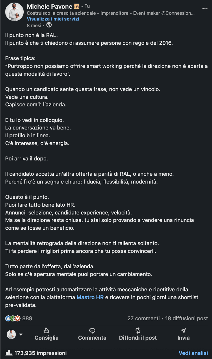 Post LinkedIn di Michele Pavone