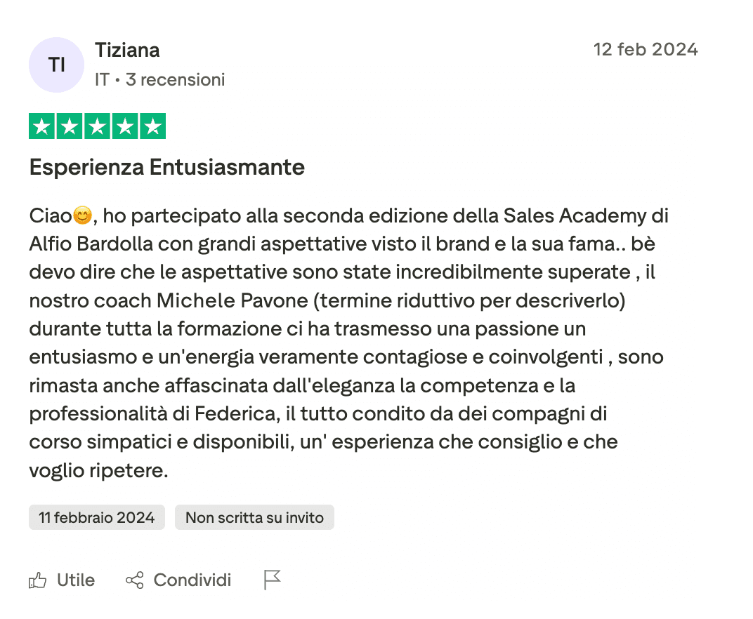 Recensione Trustpilot di Tiziana su Michele Pavone