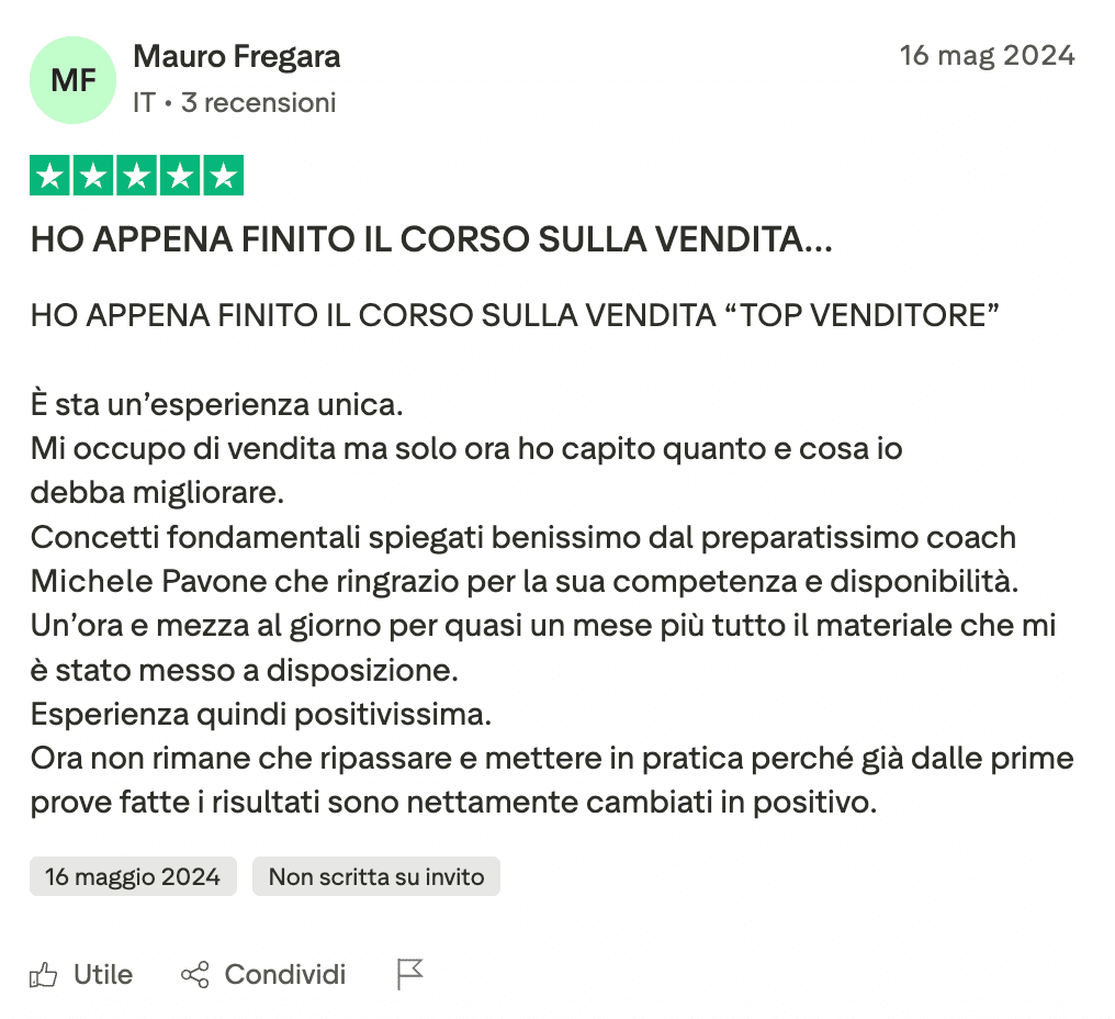 Recensione Trustpilot di Mauro Fregara su Michele Pavone